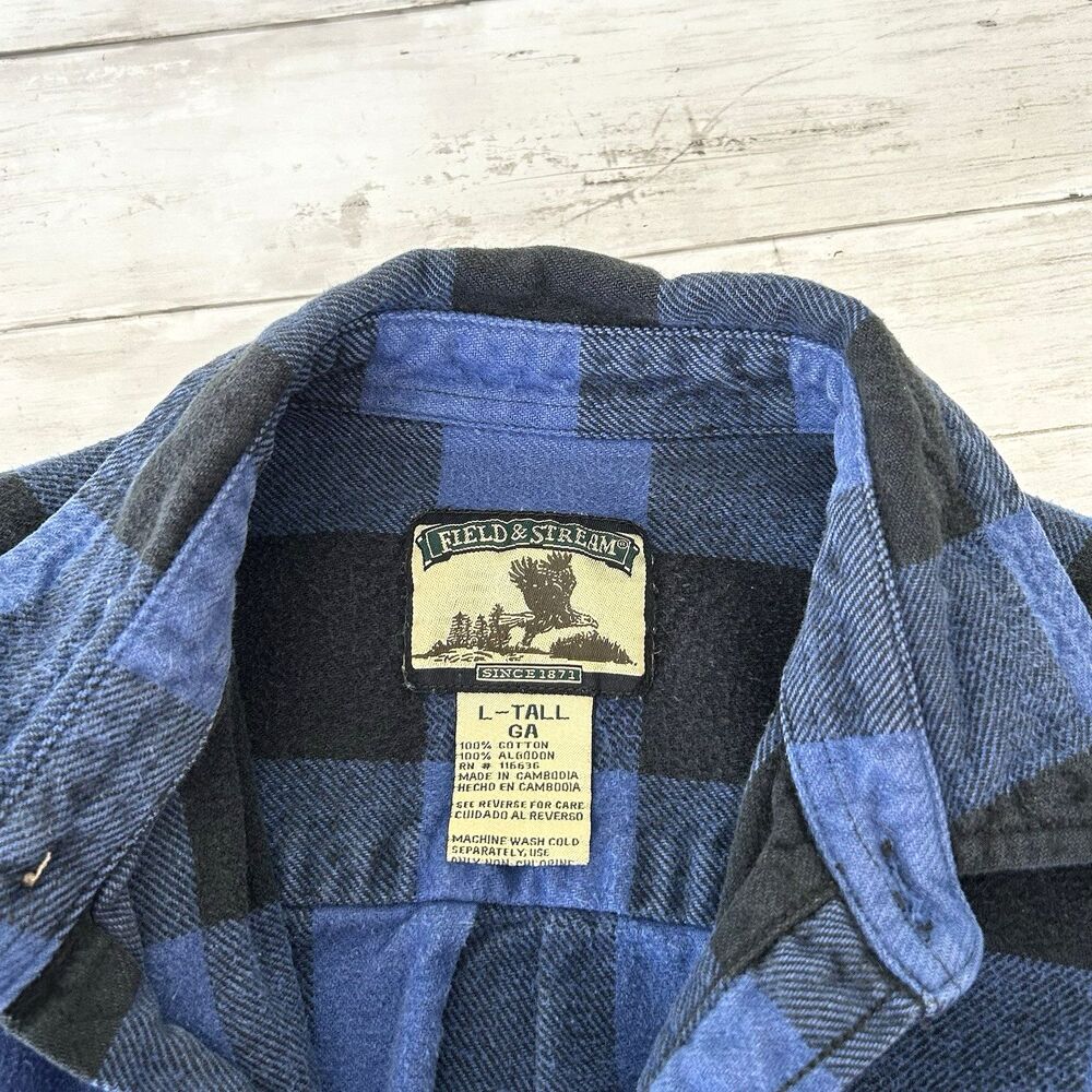 Vintage Field & Stream Blue Black Flannel Buffalo Plaid Shirt Men’s Large Tall - Picture 3 of 3